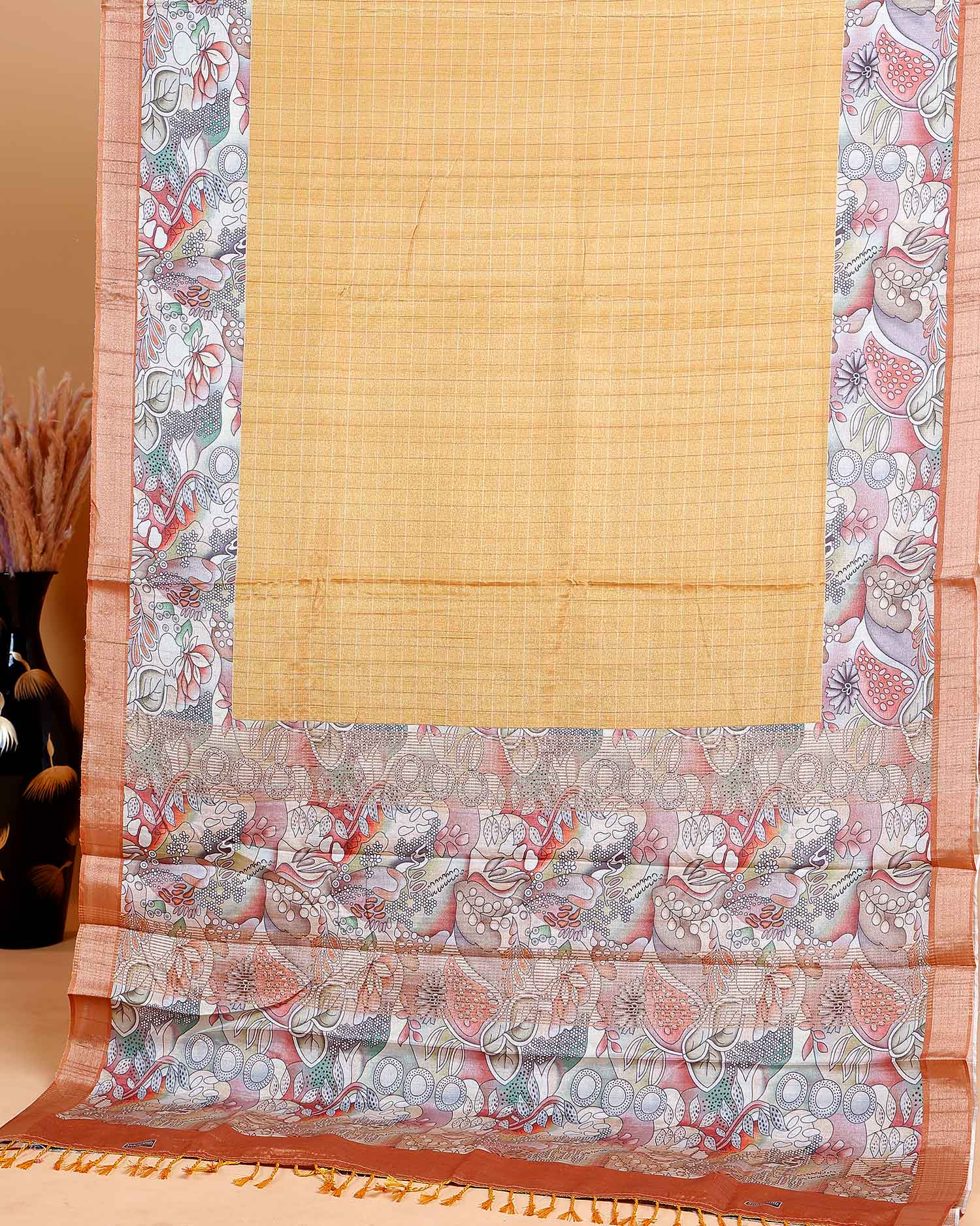 Elegant Semi Cotton Saree with Subtle Checkered Weave and Artistic Floral Patterned Border - Mustard
