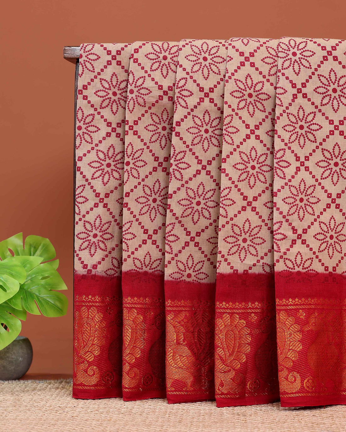 Handloom Sungudi Cotton Saree with Floral Dot Pattern and Grand Zari Peacock Border - Sandal