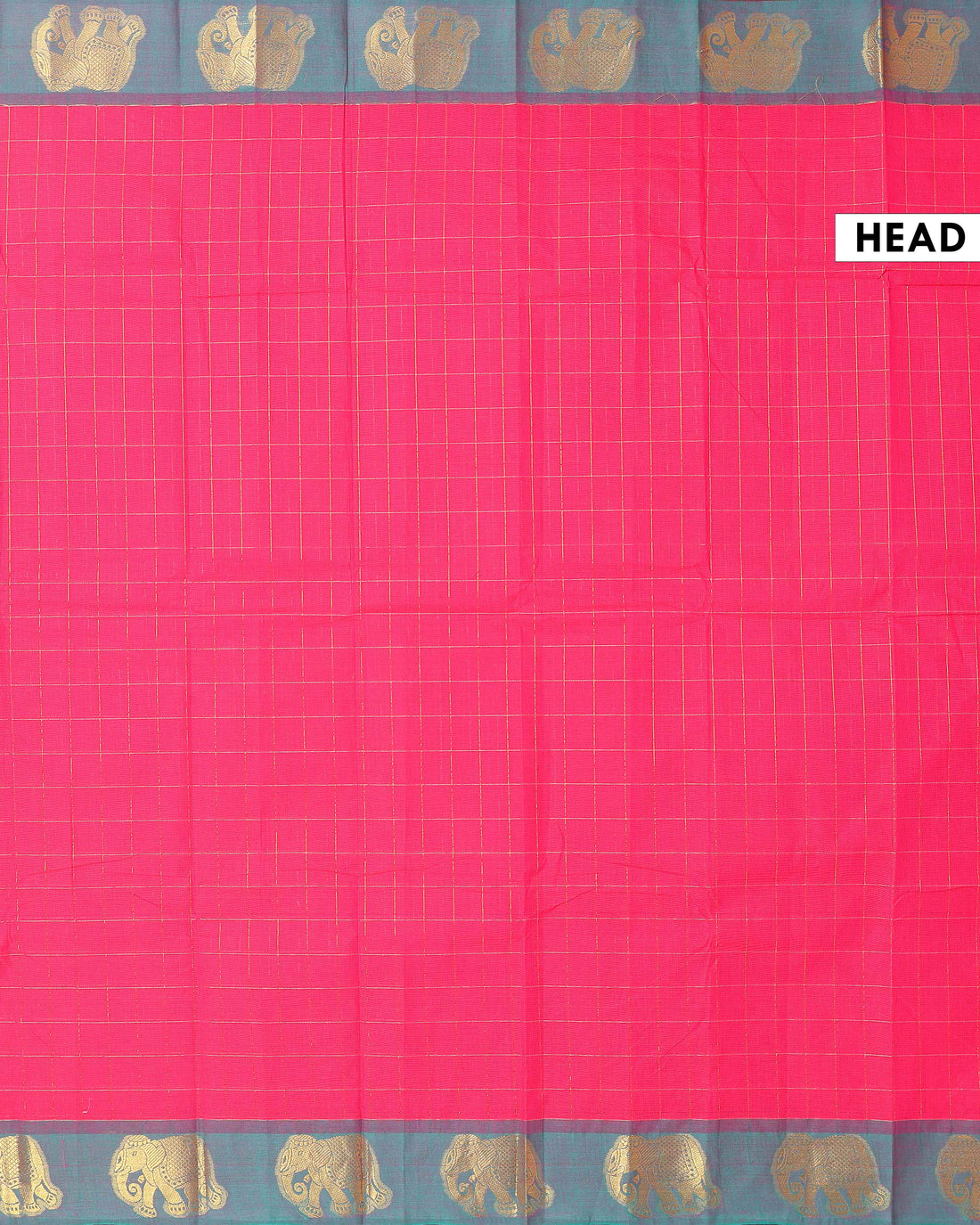 Traditional Handloom Chettinad Cotton Saree with Checked and Elephant Border - Pink