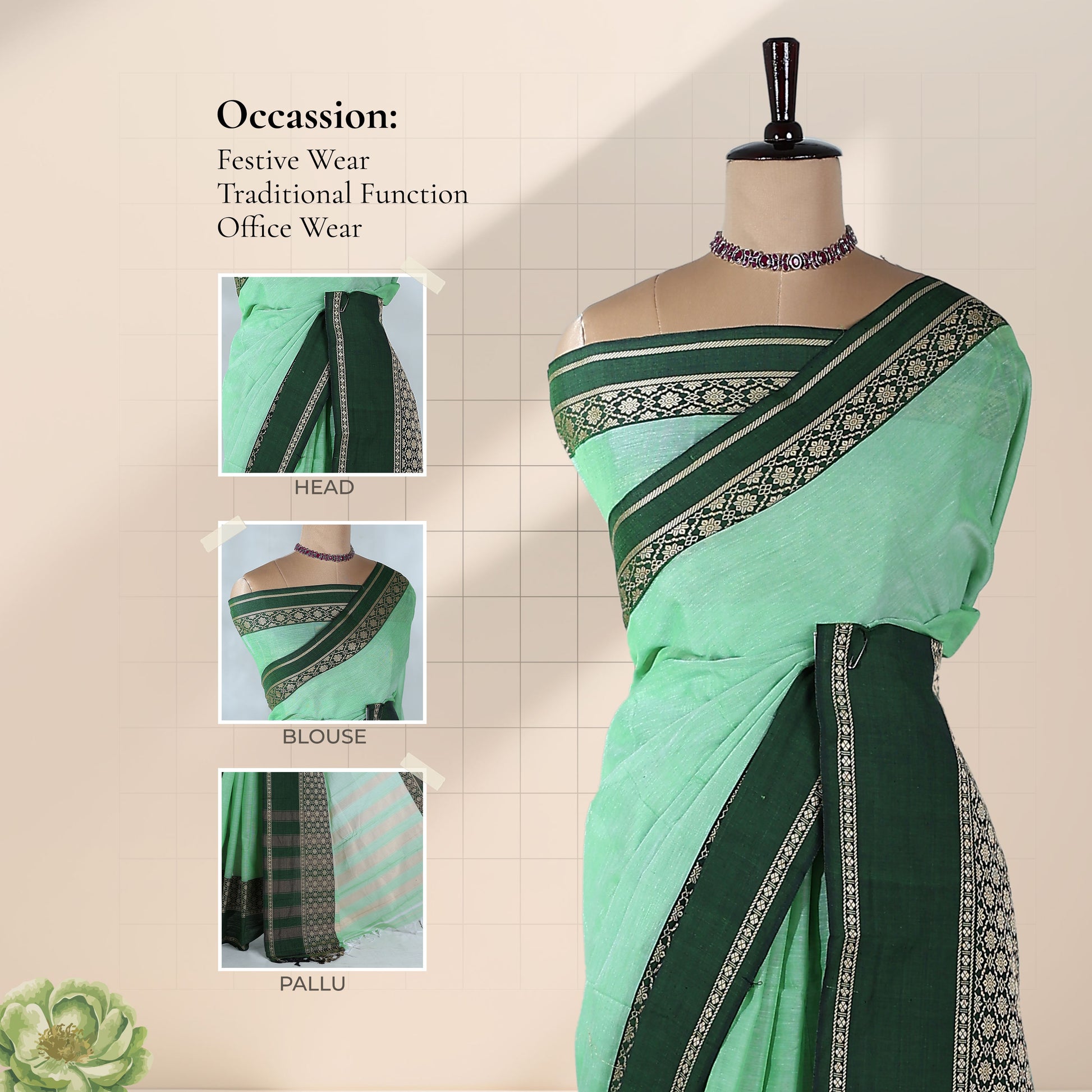 Mangalagiri Cotton Saree With  Dark Green Zari Border Designer Pallu And Running Blouse Piece For Festive And Office Wear