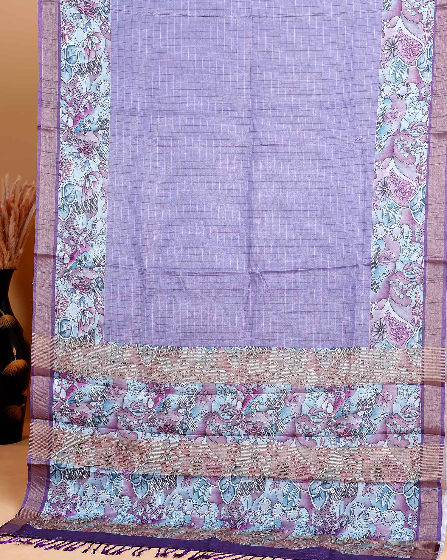 Elegant Semi Cotton Saree with Subtle Checkered Weave and Artistic Floral Patterned Border - Lavender