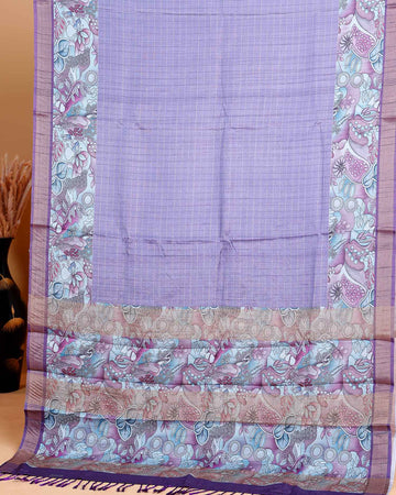Elegant Semi Cotton Saree with Subtle Checkered Weave and Artistic Floral Patterned Border - Lavender