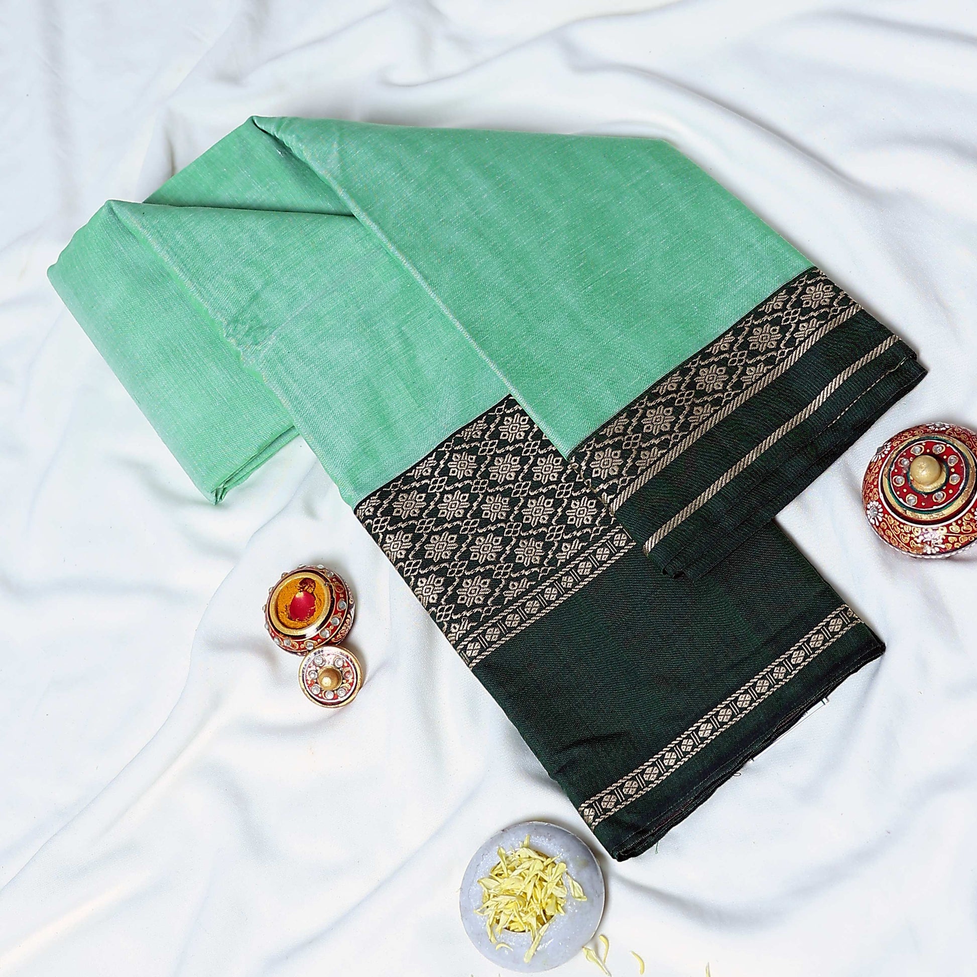 Mangalagiri Cotton Saree Pista Green With Dark Green  Zari Border And Traditional Woven Patterns