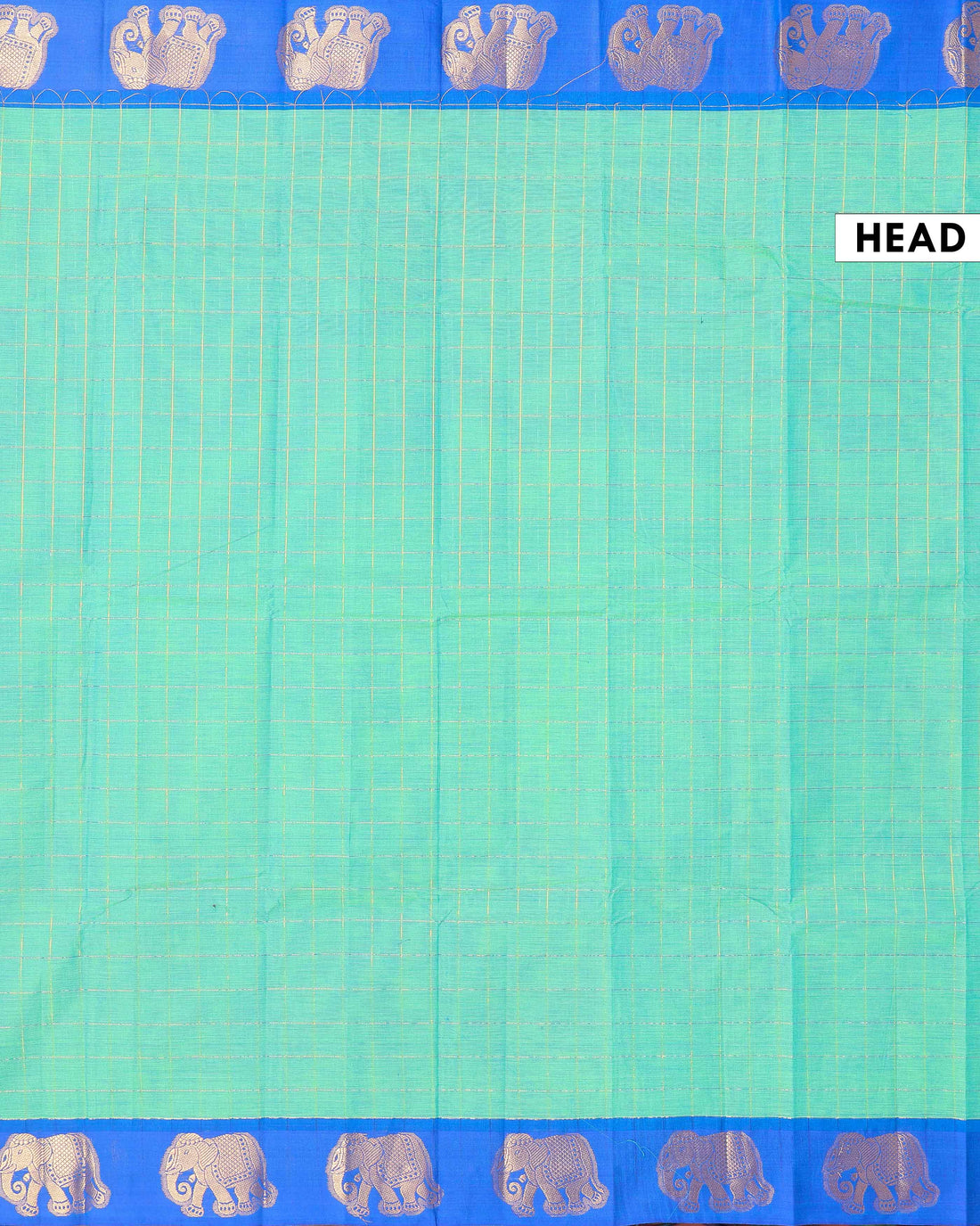 Traditional Handloom Chettinad Cotton Saree with Checked and Elephant Border - Green