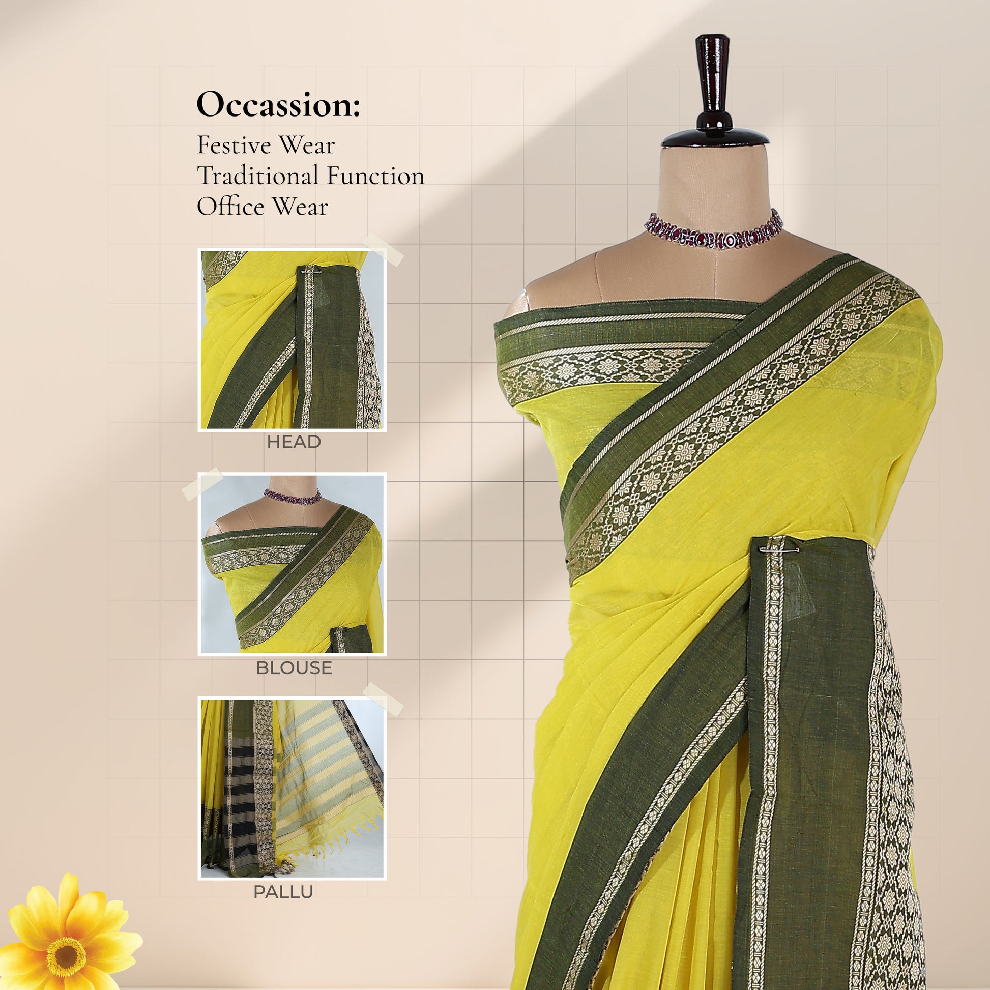 Mangalagiri Cotton Saree With  Dark Green Zari Border Designer Pallu And Running Blouse Piece For Festive And Office Wear