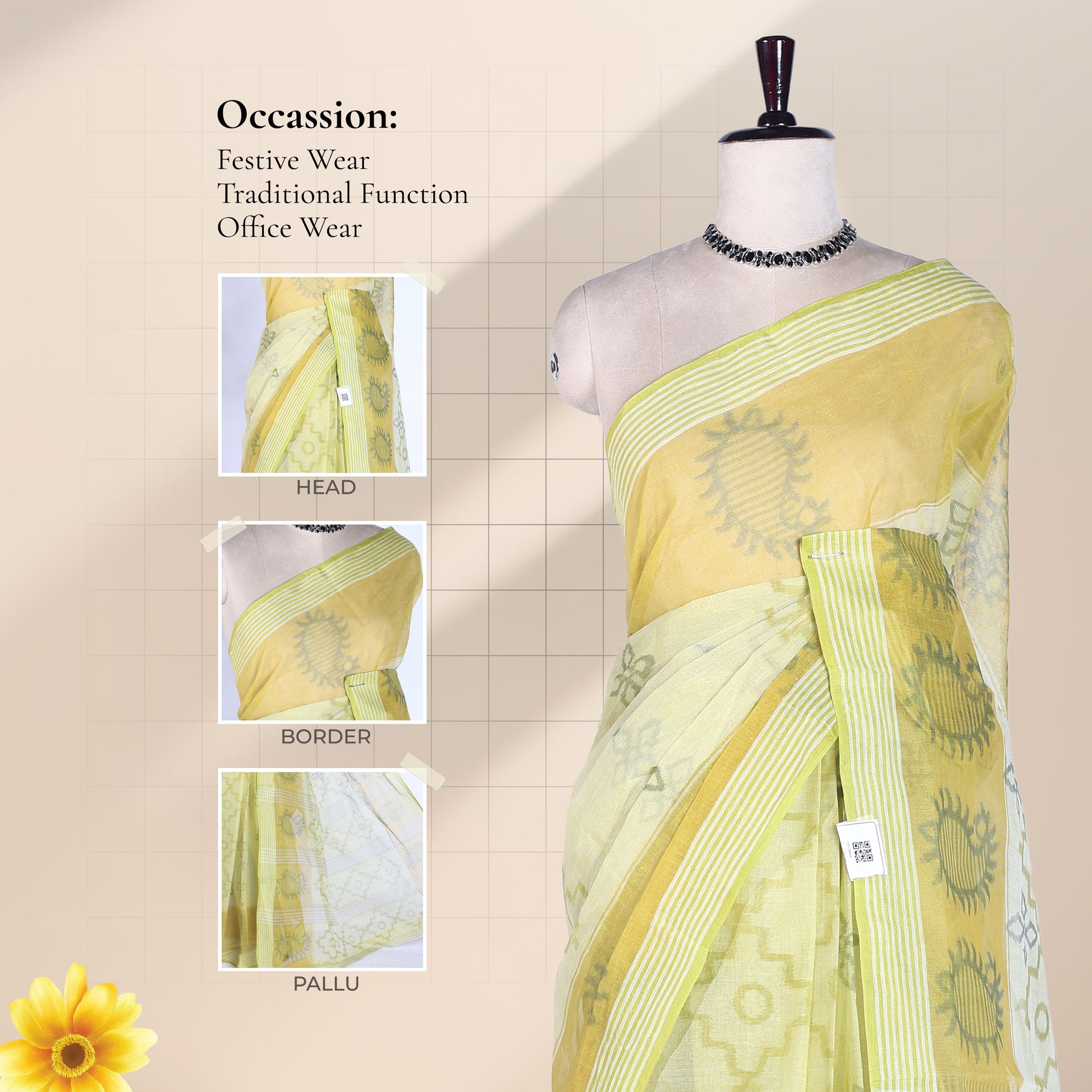 Bengal Cotton Saree With Floral Butta Motifs And Striped Border In Yellow Front Draped Mannequin View