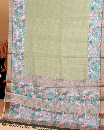 Elegant Semi Tussar Saree with Subtle Checkered Weave and Artistic Floral Patterned Border - Green