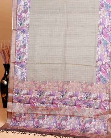 Elegant Semi Cotton Saree with Subtle Checkered Weave and Artistic Floral Patterned Border - Beige