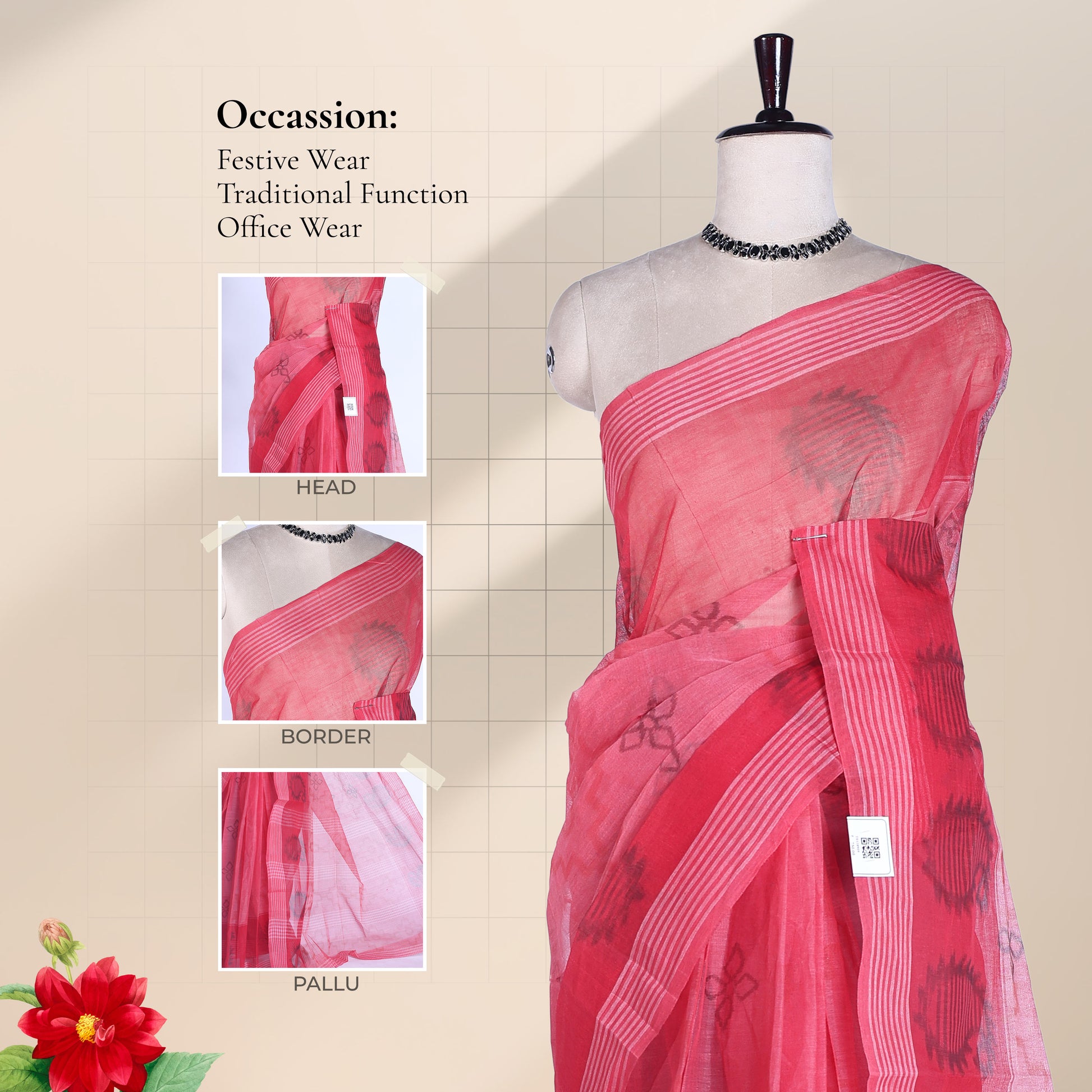 Bengal Cotton Saree With Floral Butta Motifs And Striped Border In Light Red Front Draped Mannequin View