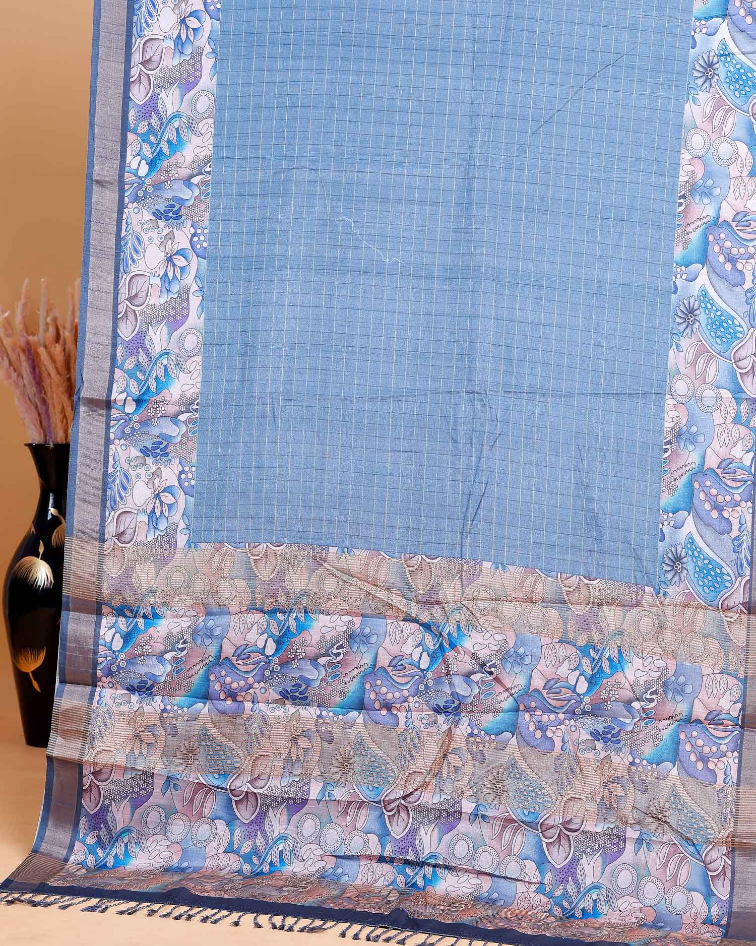 Elegant Semi Tussar Saree with Subtle Checkered Weave and Artistic Floral Patterned Border - Blue