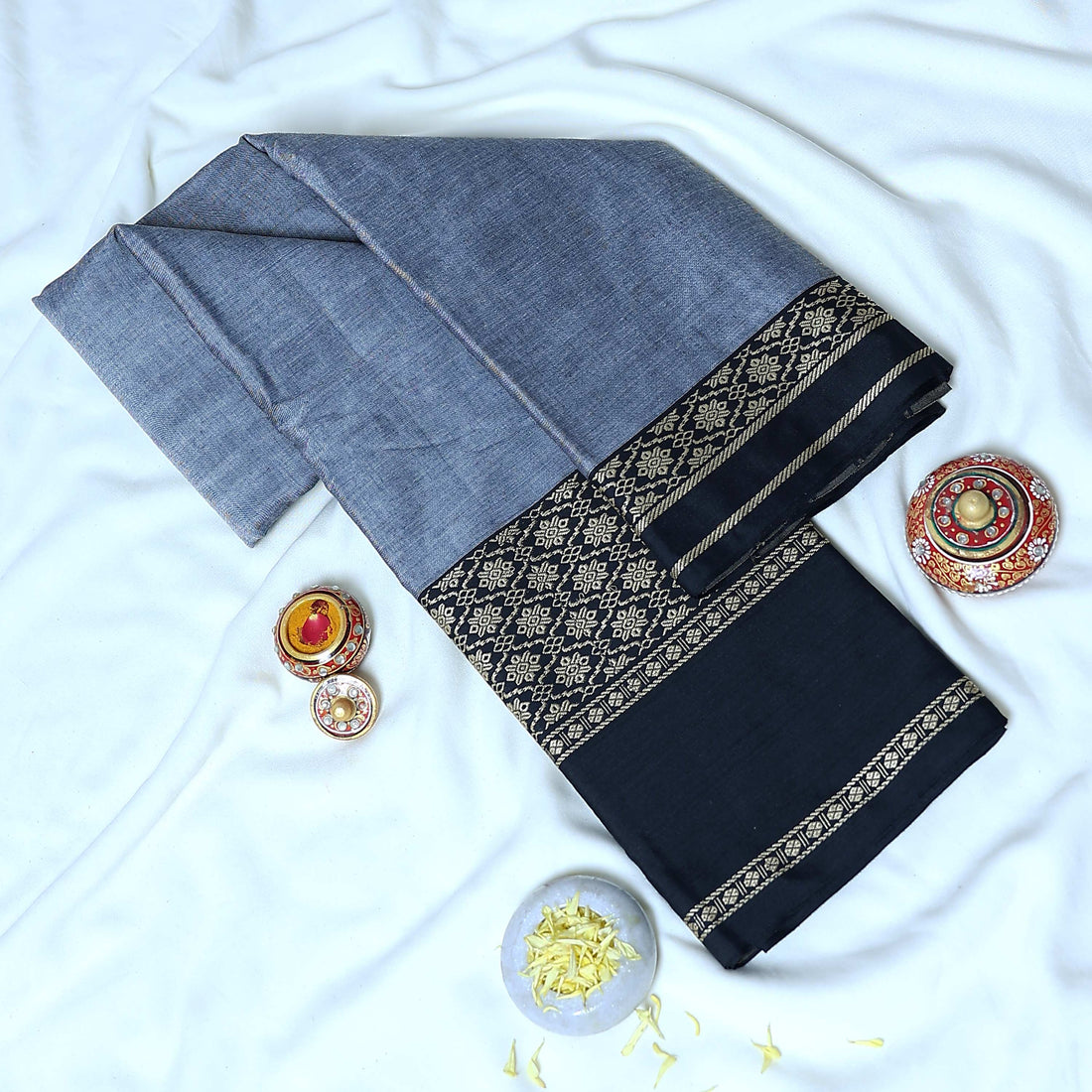 Grey Mangalagiri Cotton Saree for Women | Festive Summer Collection | Jeyachandran - Full View