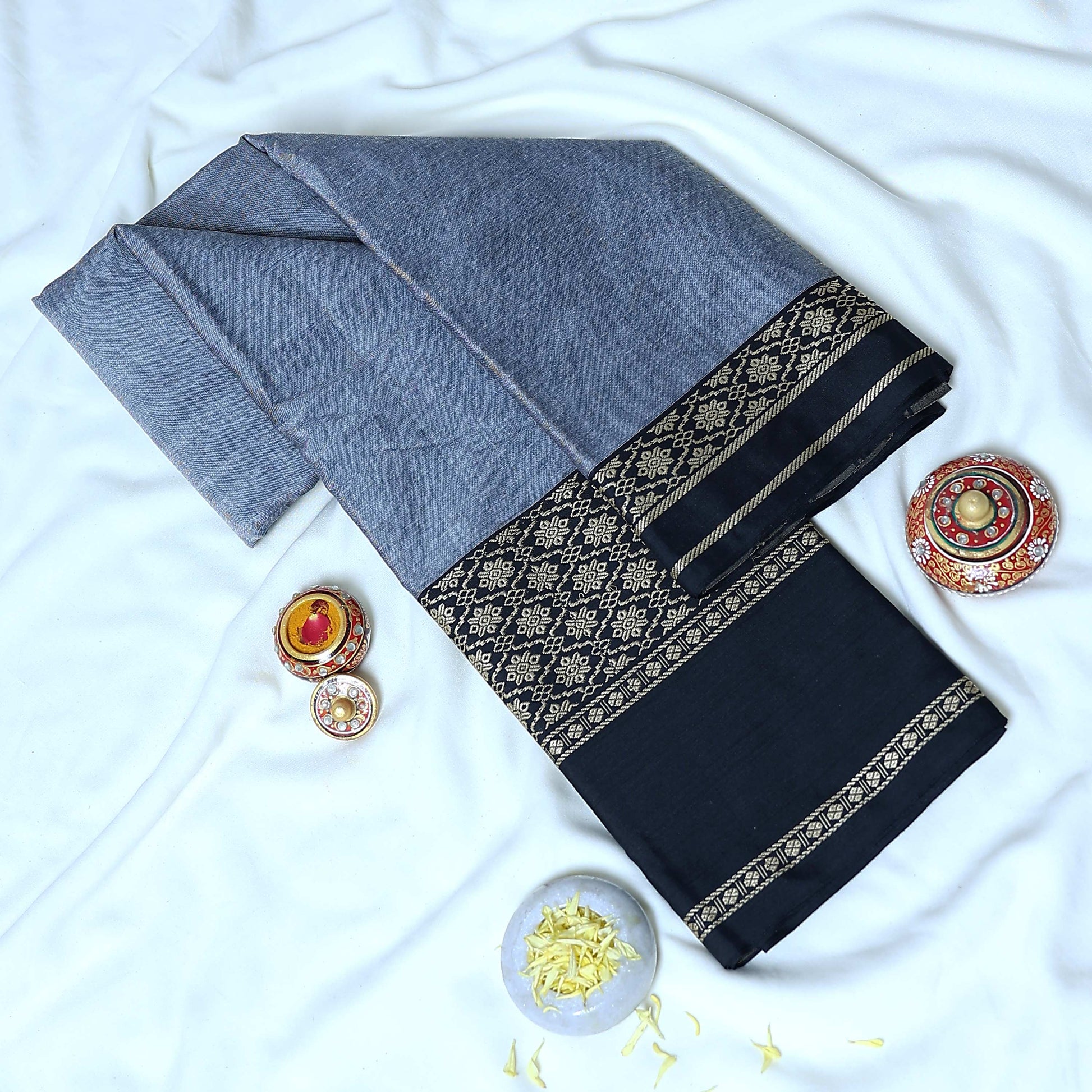 Mangalagiri Cotton Saree Grey With Navy Blue Zari Border And Traditional Woven Patterns