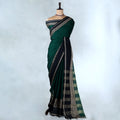 Dark Green Mangalagiri Cotton Saree With Black Zari Border And Woven Pallu - Full View
