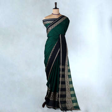 Dark Green Mangalagiri Cotton Saree for Women | Festive Summer Collection | Jeyachandran - Full View