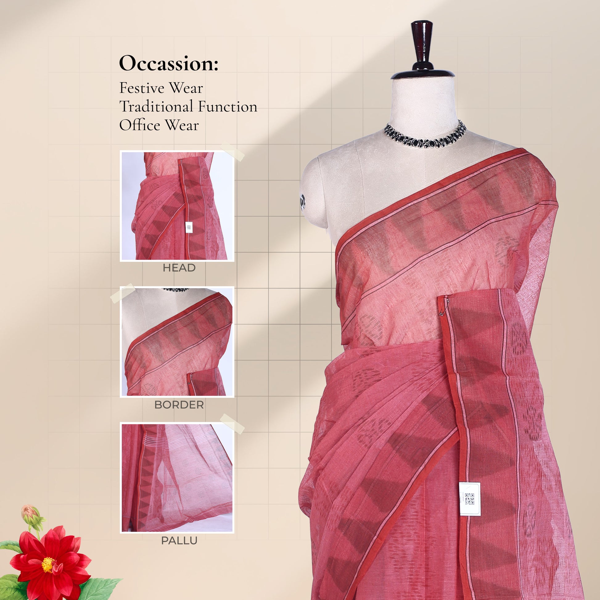 Bengal Cotton Saree With Geometric Butta Design And Double Line Border In Maroon - Front Draped View