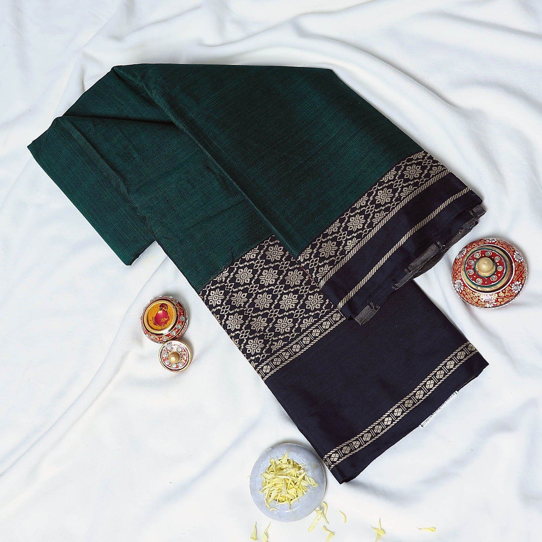 Dark Green Mangalagiri Cotton Saree for Women | Festive Summer Collection | Jeyachandran - Full View