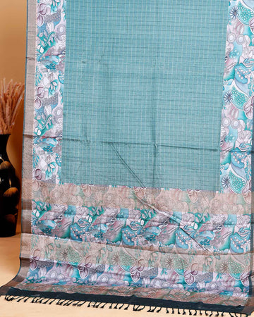 Elegant Semi Tussar Saree with Subtle Checkered Weave and Artistic Floral Patterned Border - Green