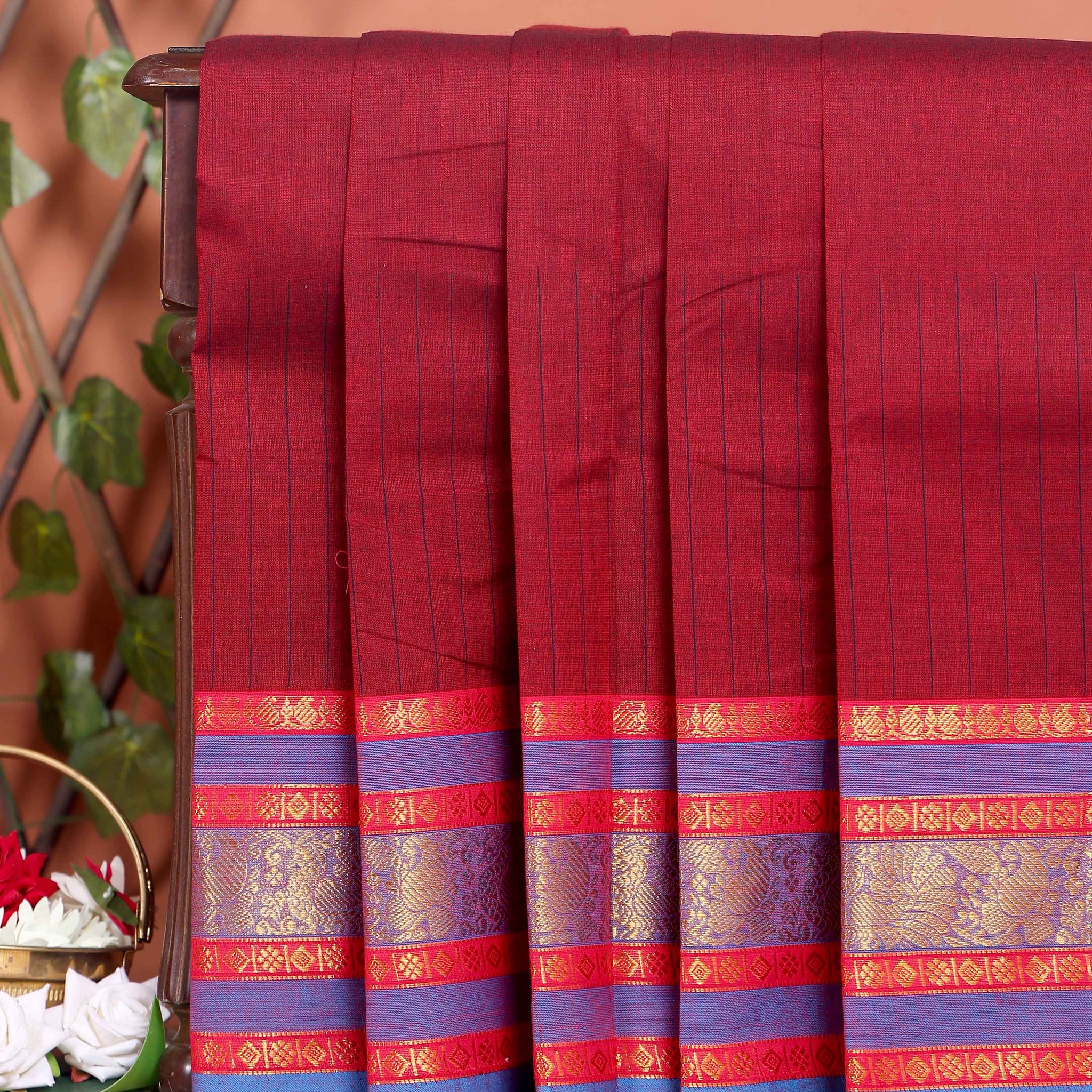 Traditional Chettinad Cotton Saree with Contrast Border and Grid Pattern - Maroon