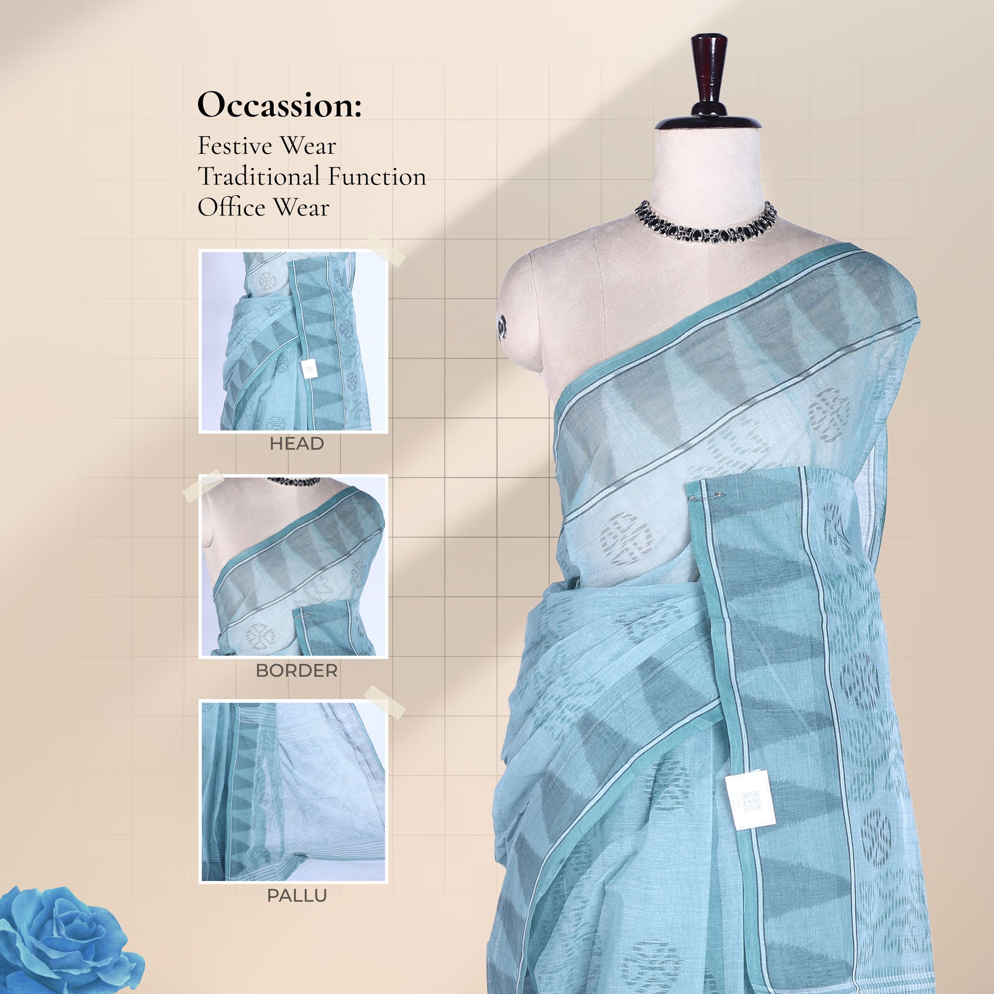 Bengal Cotton Saree With Geometric Butta Design And Double Line Border In Blue - Front Draped View