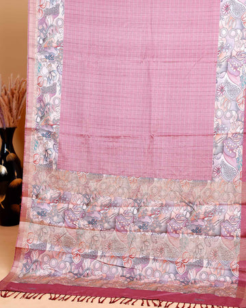 Elegant Semi Cotton Saree with Subtle Checkered Weave and Artistic Floral Patterned Border - Pink