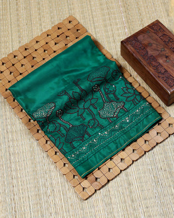 Elegant Lotus Floral Hand Embroidered Women’s Blouse Material with Traditional Border Work - Emerald Green