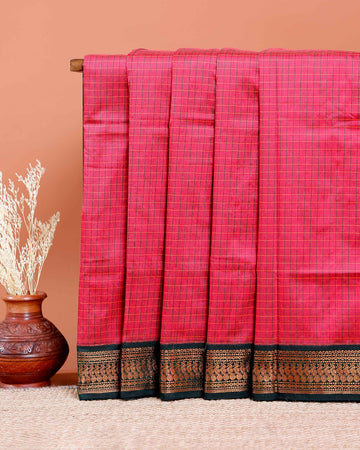 Traditional Kalyani Cotton Saree with All-Over Checks and Ornate Zari Pallu and Border - Pink