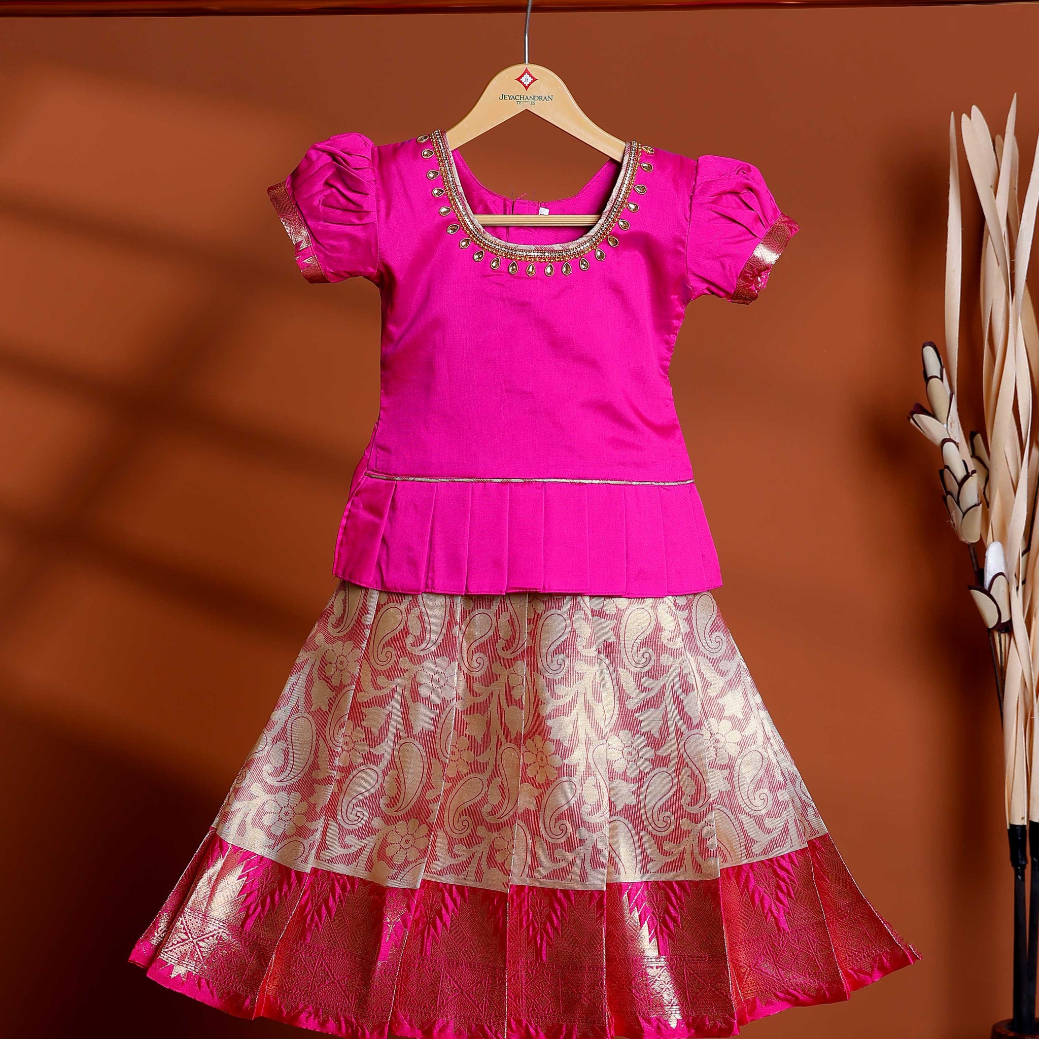 Classic Kids Readymade Pattu Pavadai with Contrast Blouse and Zari Woven Skirt - Pink