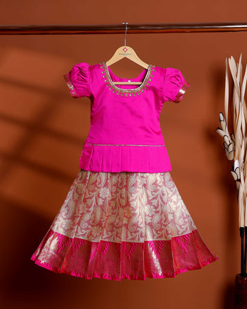 Classic Kids Readymade Pattu Pavadai with Contrast Blouse and Zari Woven Skirt - Pink