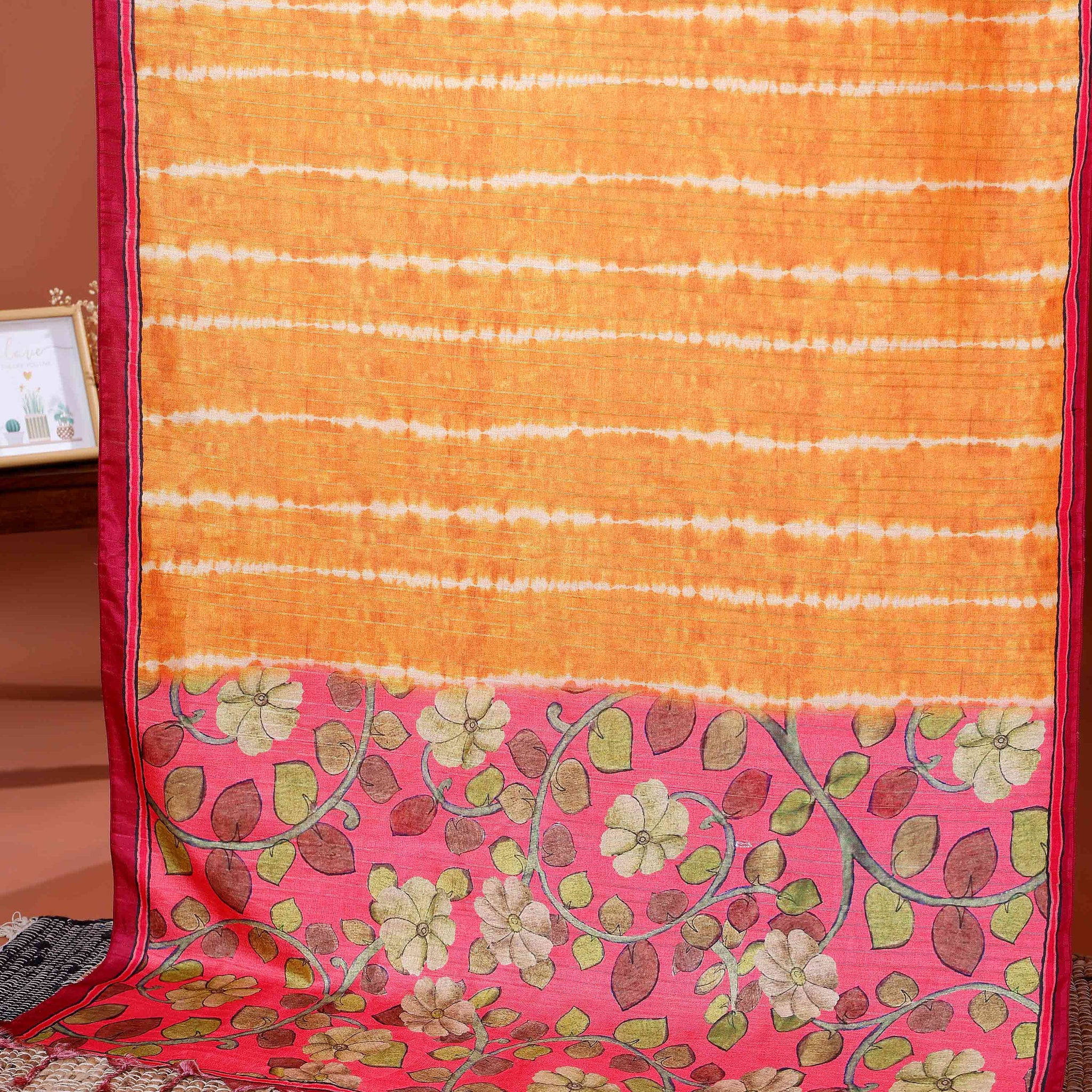 Elegant Semi Tussar Silk Saree with Intricate Floral Patterns and Textured Stripes - Orange