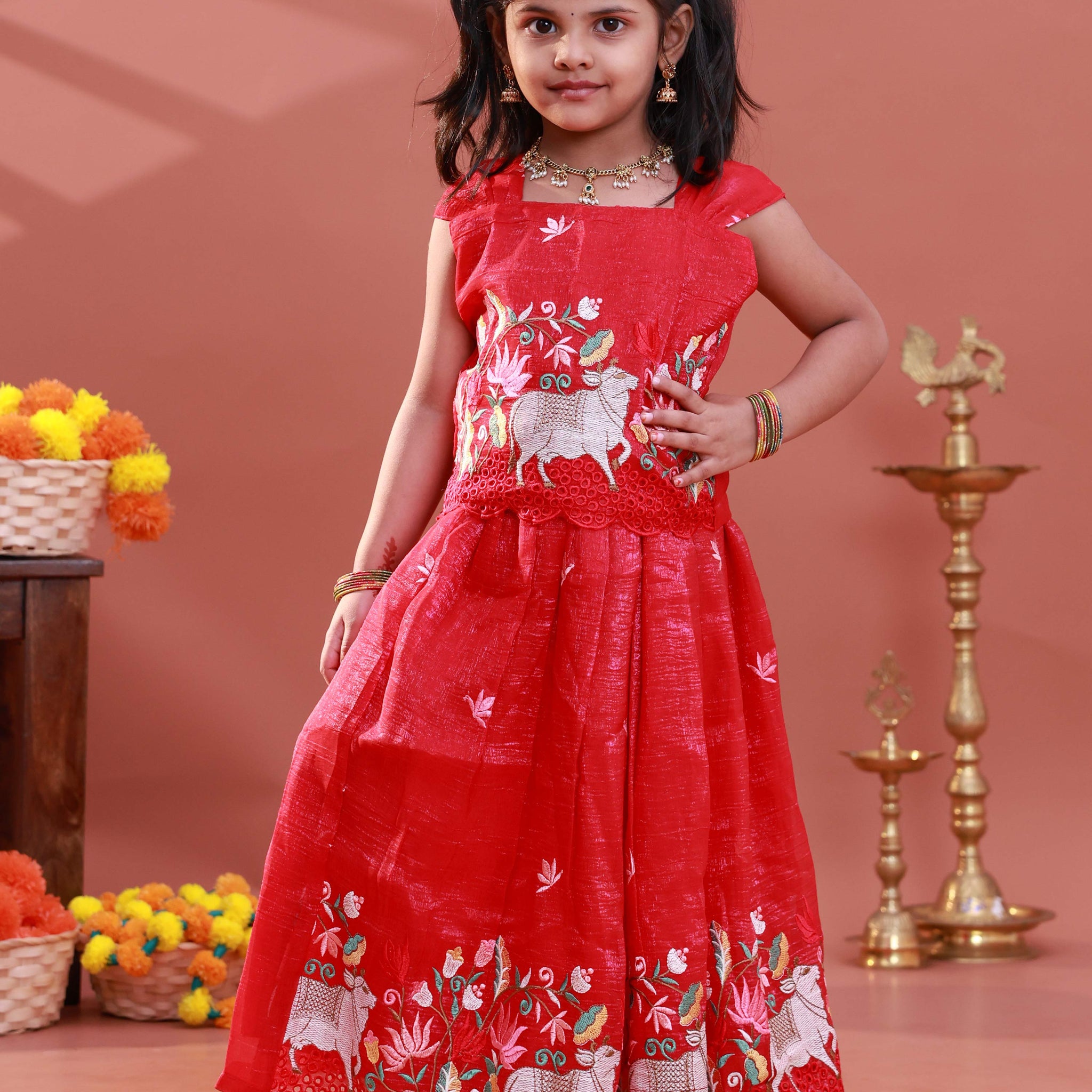 Traditional Kids Pattu Pavadai Readymade for Girls with Floral Embroidery - Red