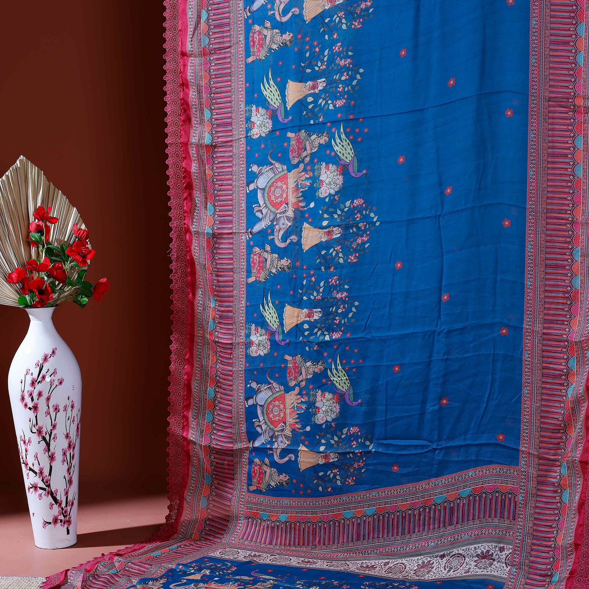 Designer Georgette Saree with Royal Procession Print and Intricately Woven Traditional Border - Blue