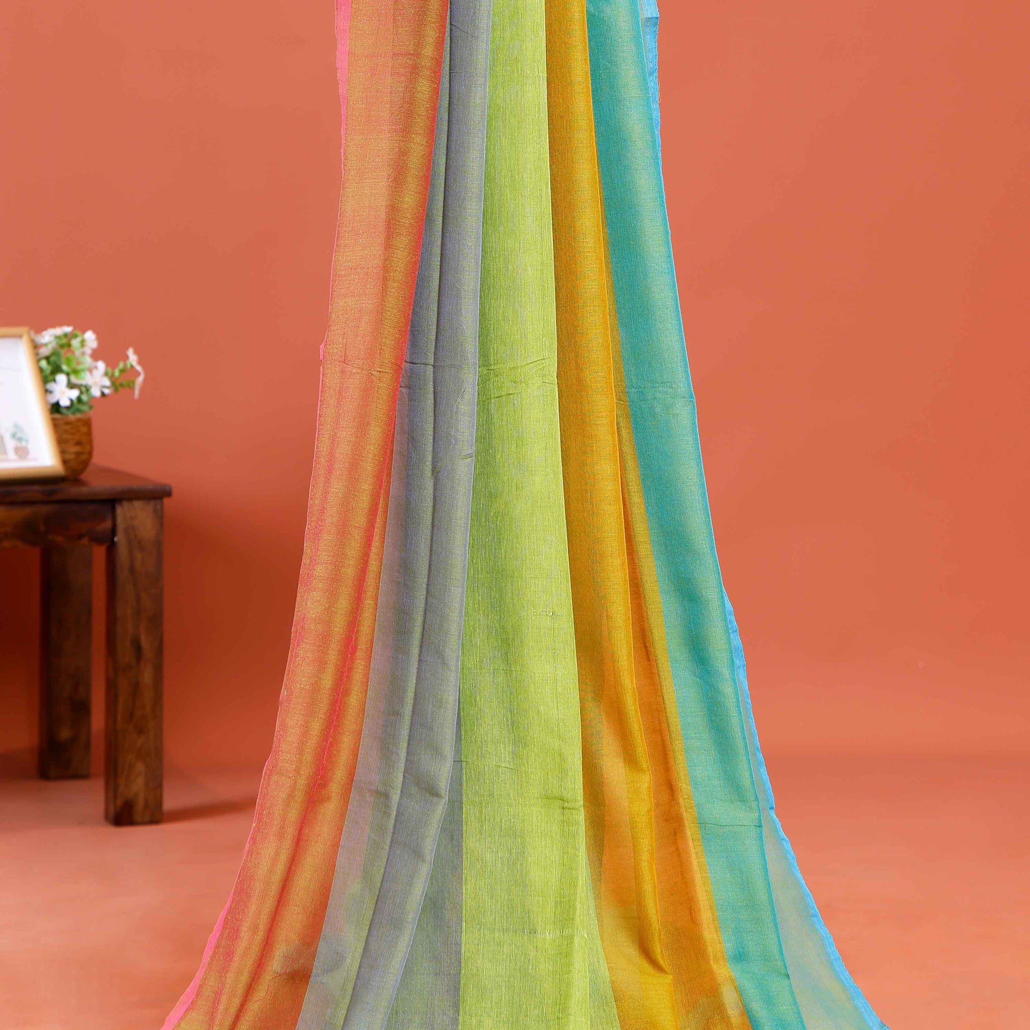 Handwoven Mul Mul Cotton Saree with Bold Striped Pattern and Tassel Detailing – Multi
