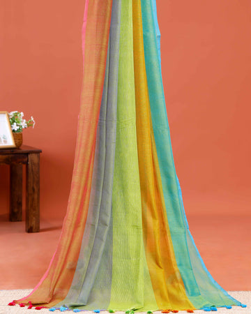 Handwoven Mul Mul Cotton Saree with Bold Striped Pattern and Tassel Detailing – Multi