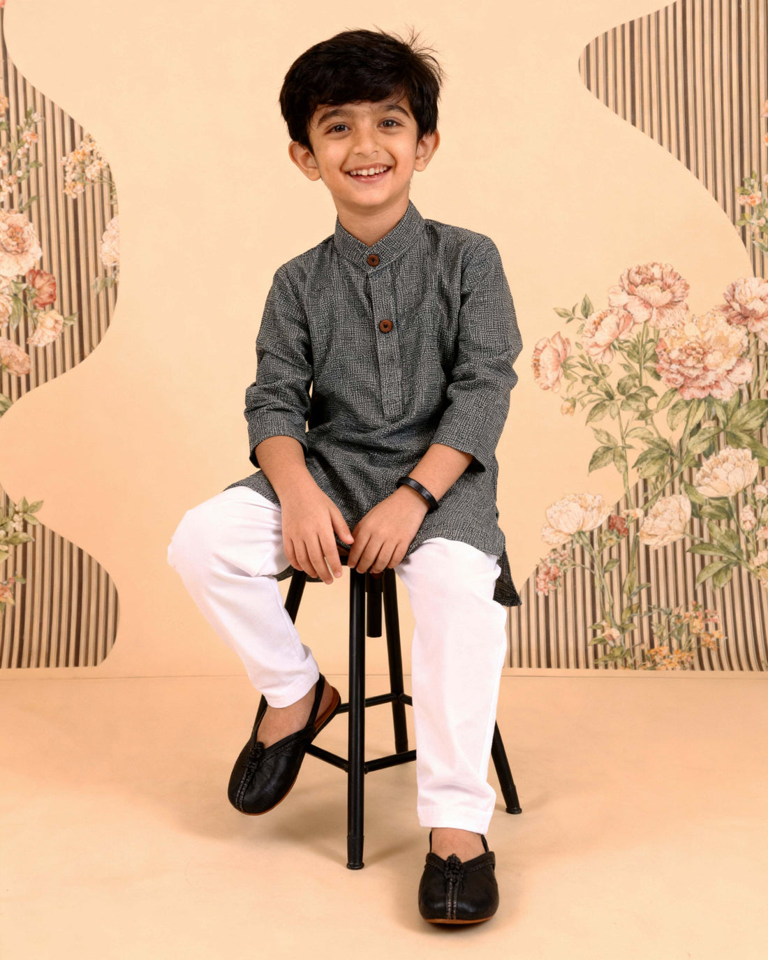 Boys Festive Kurta Set with Mandarin Collar -Dark Grey