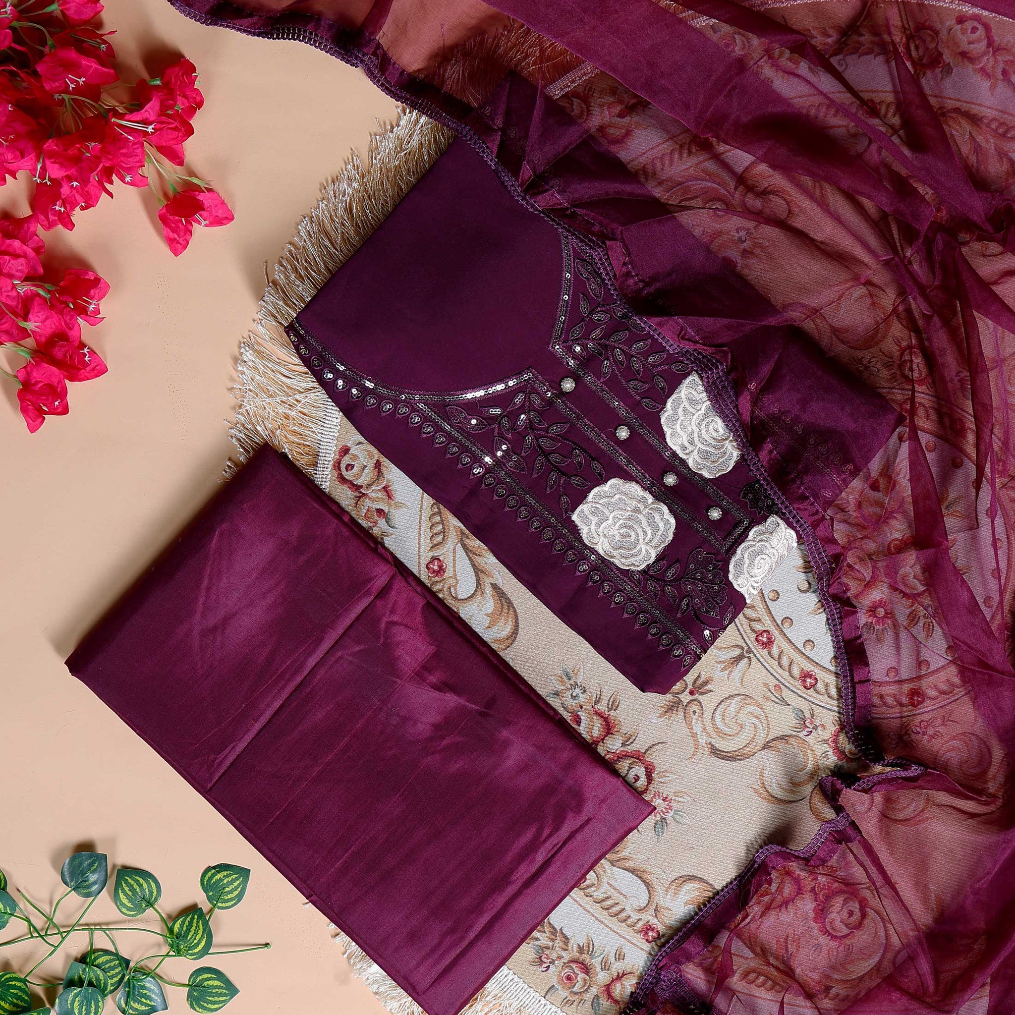 Women's Embroidered Floral Motif Salwar Suit Material with Dupatta - Purple