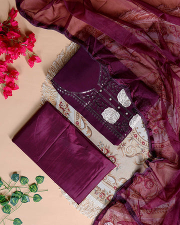 Women's Embroidered Floral Motif Salwar Suit Material with Dupatta - Purple
