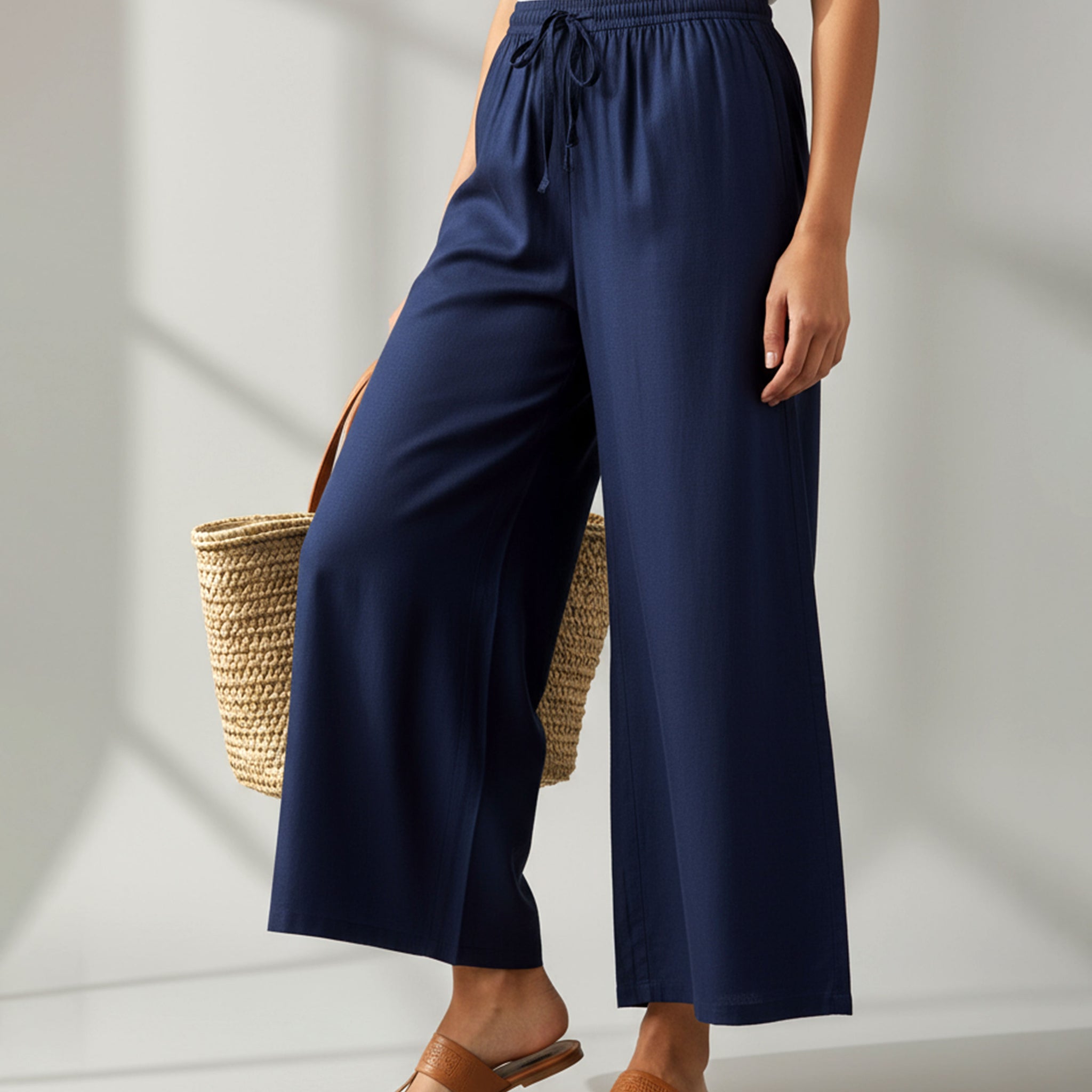 Elegant High-Waist Flared Palazzo Pant - Navy Blue