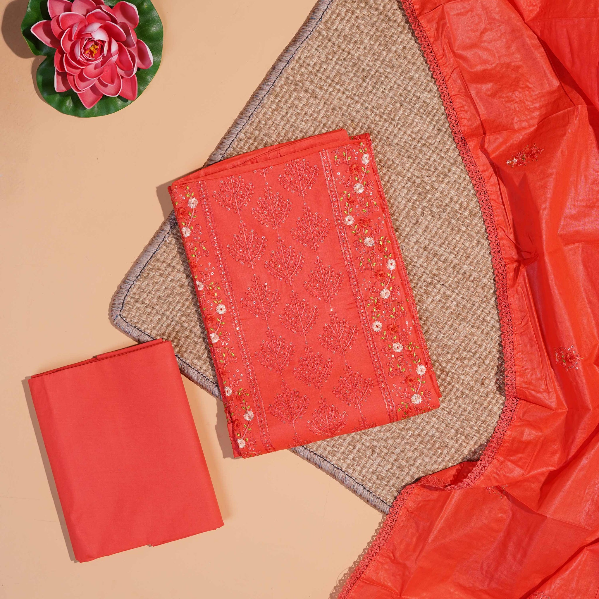 Vibrant  Unstitched Salwar Material with Floral Embroidery - Dark Orange