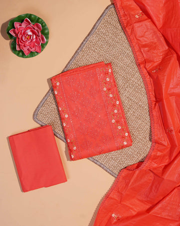 Vibrant  Unstitched Salwar Material with Floral Embroidery - Dark Orange