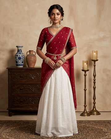 Cotton Semi Stitched Dhavani Set For Women | Festive Wear & Traditional Collection | Jeyachandran - Red with White