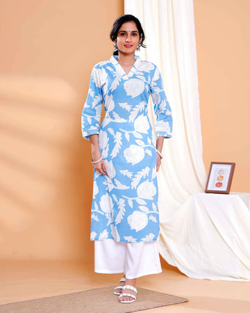 Print Straight Kurta with V-Neck and 3/4th Sleeves - Blue