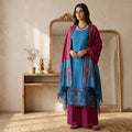 Blue Salwar Material Set With Dark Pink Pants Fabric And Colorful Ikat Dupatta Full Length Front View