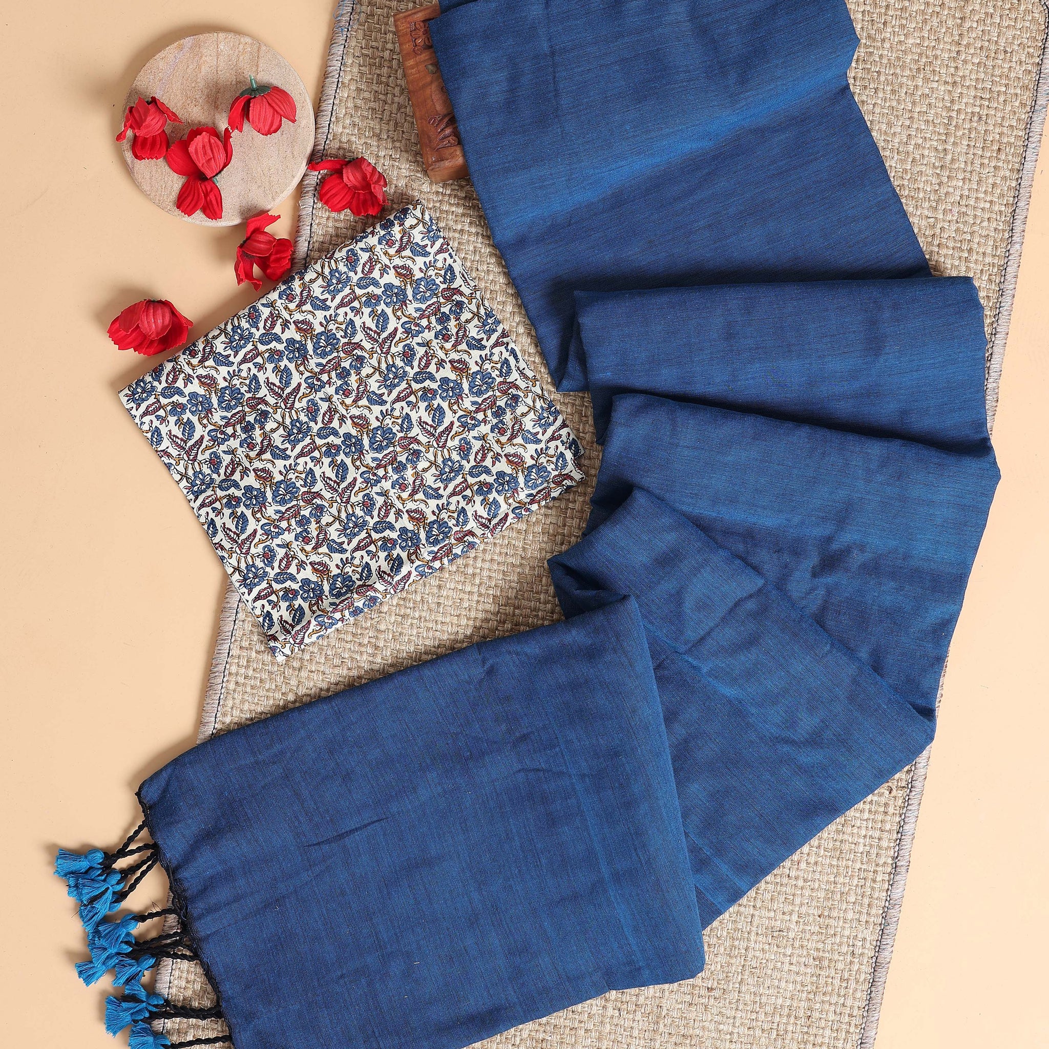 Handwoven Khadi Cotton Saree with Contrast Printed Blouse and Tassel Accents - Blue