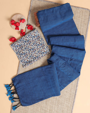 Handwoven Khadi Cotton Saree with Contrast Printed Blouse and Tassel Accents - Blue