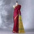 Red  Banana Pith Saree with Minimal Butta Motifs & Traditional Zari Woven Border -Full View
