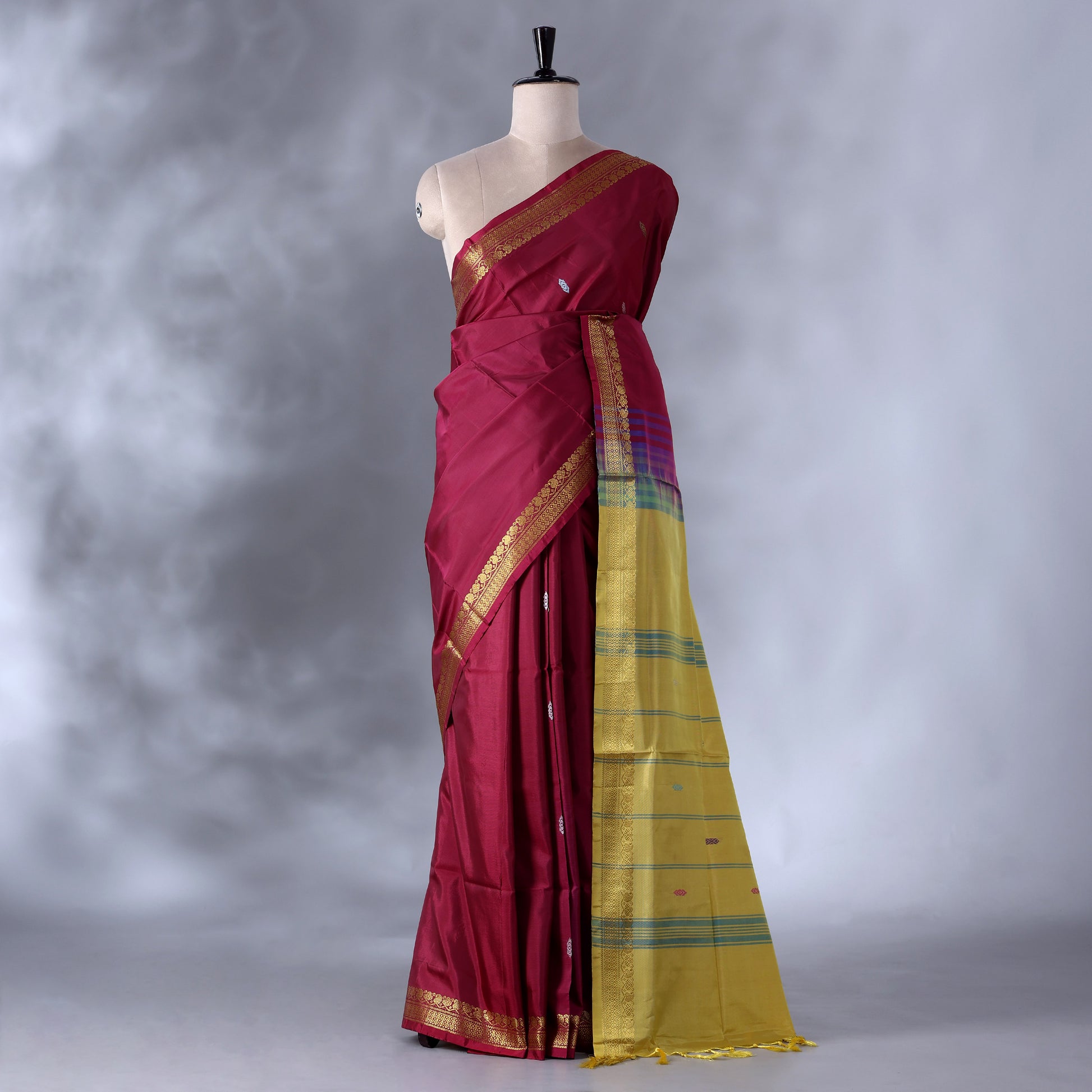Red  Banana Pith Saree with Minimal Butta Motifs & Traditional Zari Woven Border -Full View