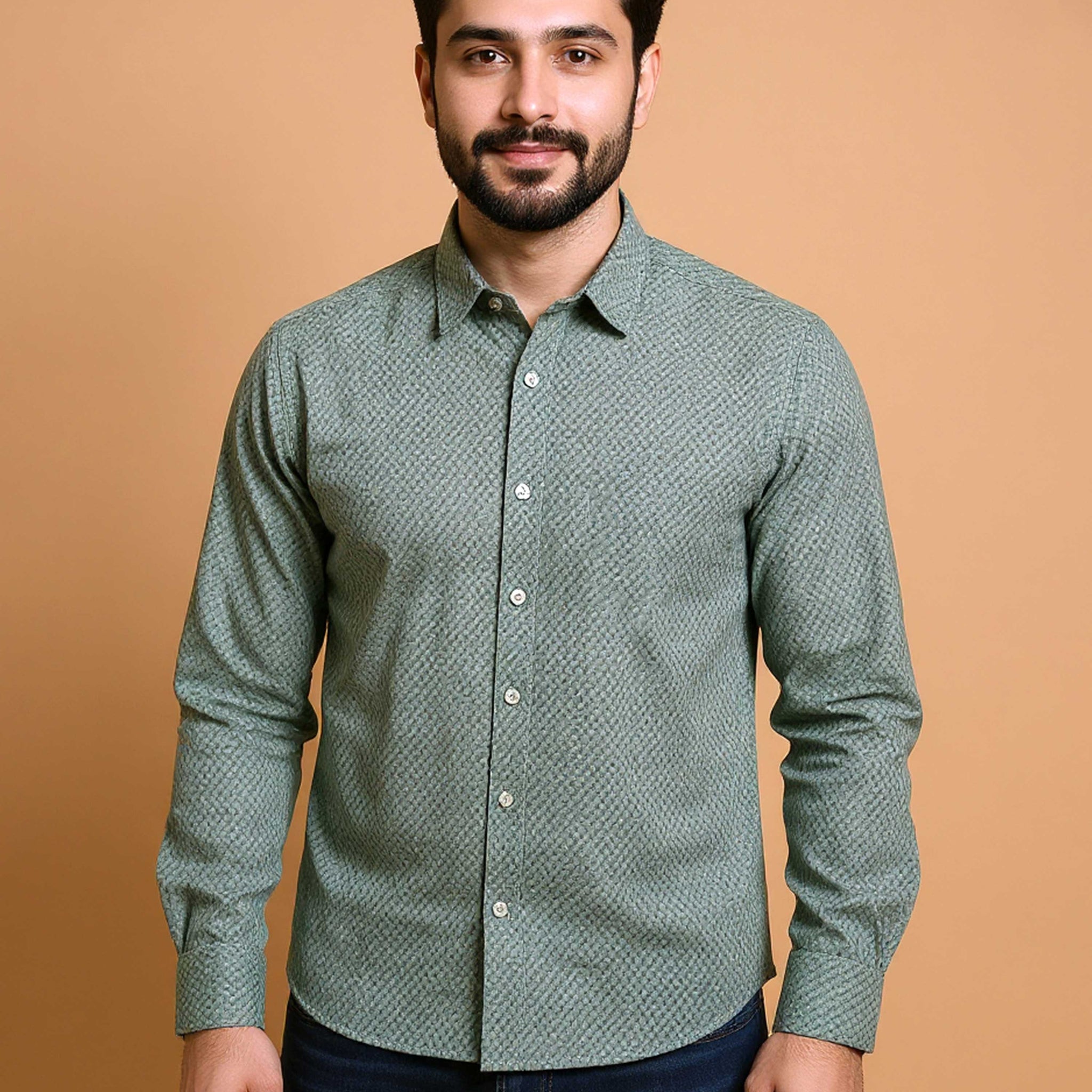 Men's Native Bull Brand Textured Casual Shirt with Spread Collar and Full Sleeves - Green