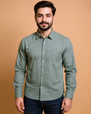 Men's Native Bull Brand Textured Casual Shirt with Spread Collar and Full Sleeves - Green
