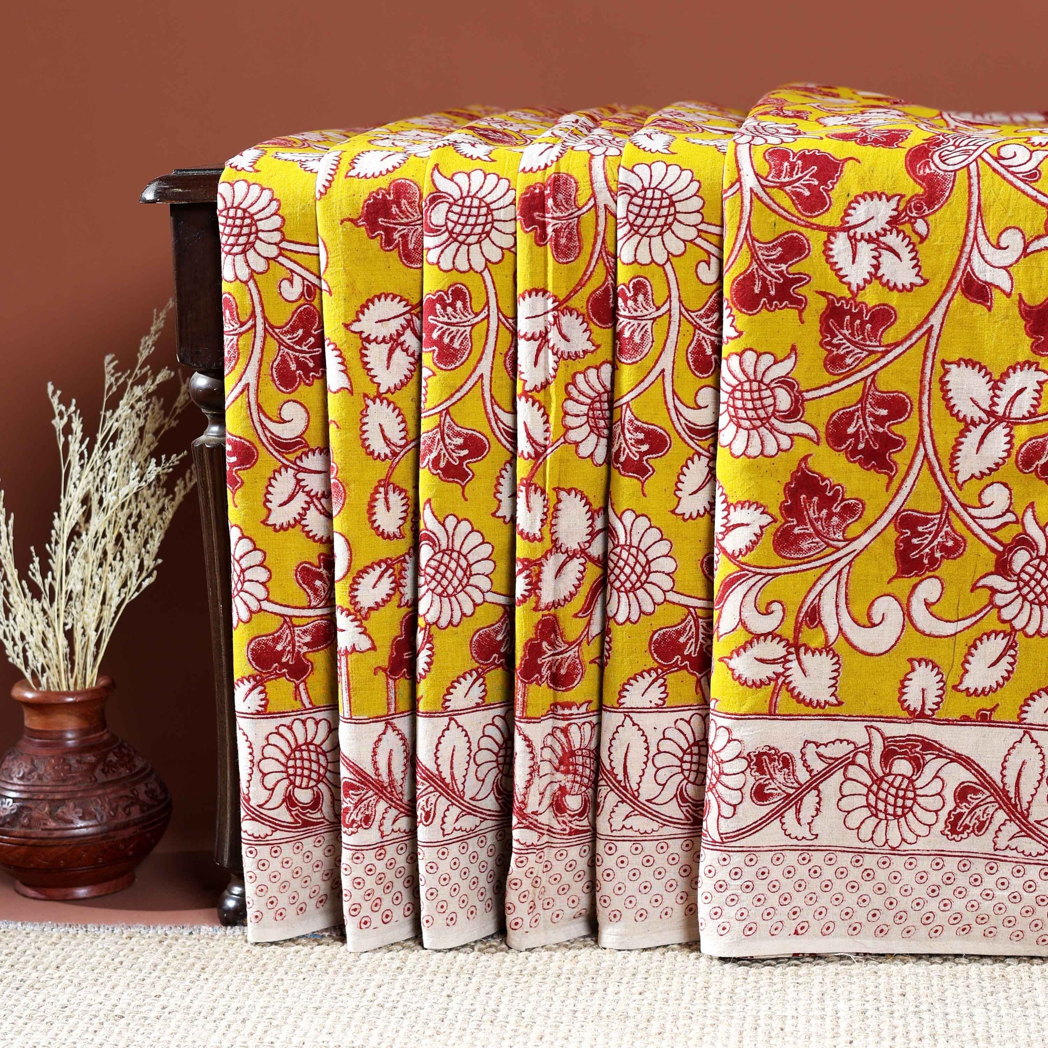 Traditional Handloom Kalamkari Cotton Saree with Intricate Floral and Avian Motifs - Yellow
