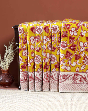 Traditional Handloom Kalamkari Cotton Saree with Intricate Floral and Avian Motifs - Yellow